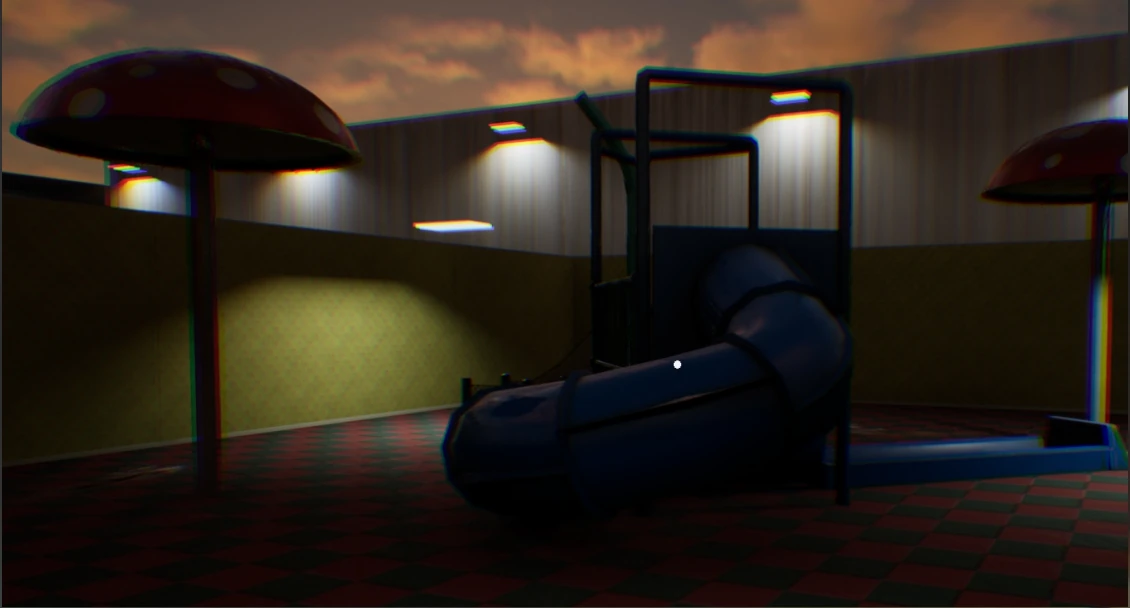 Enclosed amusement-park scene with a slide, mushroom-shaped props and a checker-pattern floor.